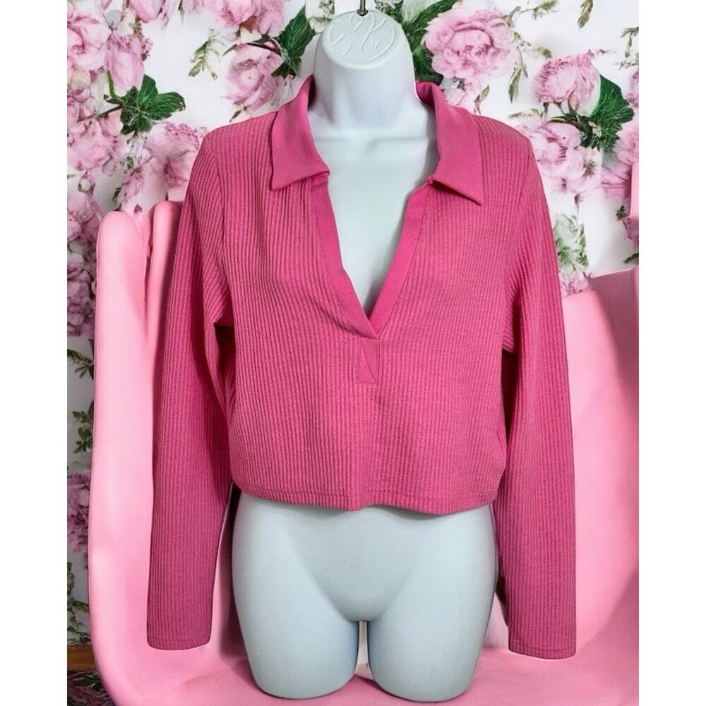 Divided H&M Pink Collared Ribbed Top Sz Large Long-Sleeve Crop Blouse Coquette - Picture 2 of 7
